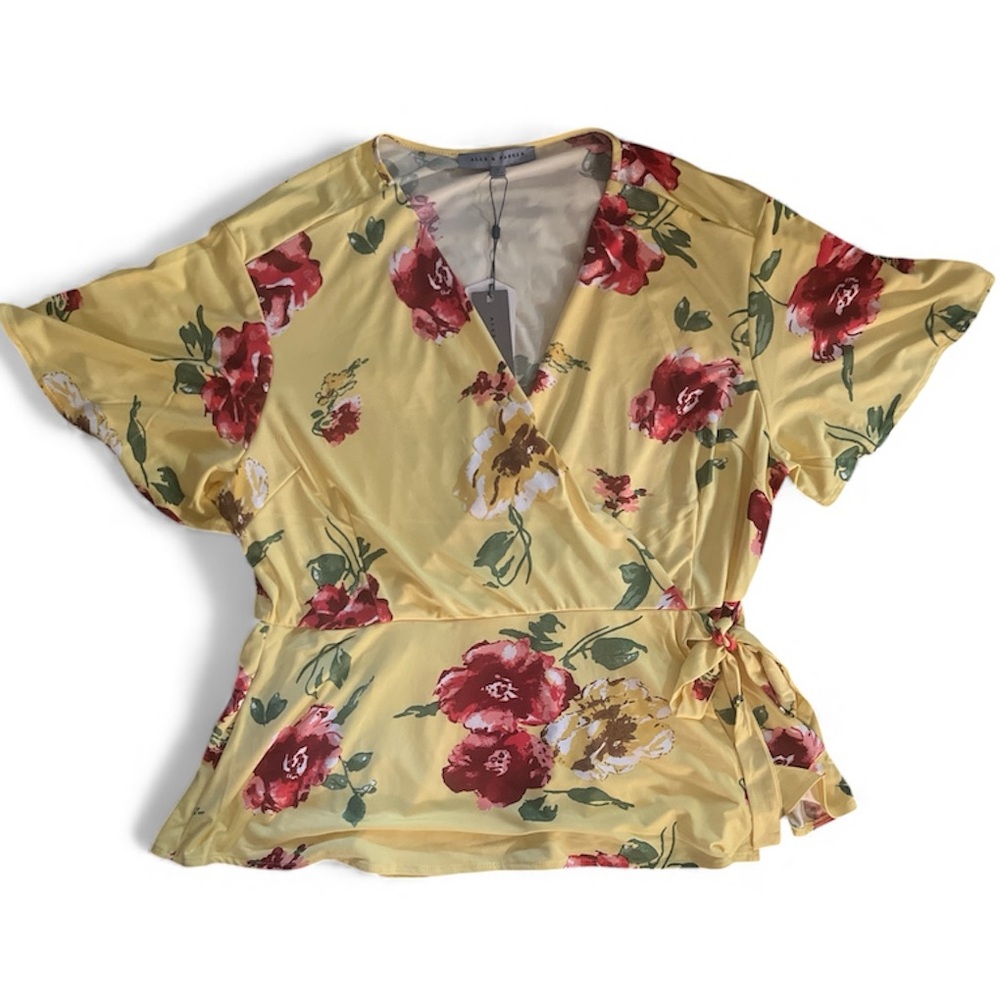 Chic Yellow Floral Faux Wrap Blouse